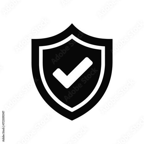 Black Shield Icon with White Checkmark on White Background for Security Concepts