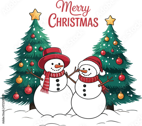 Two cheerful snowmen celebrate Christmas amongst festive decorated trees and falling snow.