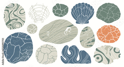 Natural Patterns in Ocean-Inspired Shells and Stones Illustration, Coastal Art, Abstract Designs, Serene Aesthetic, Minimalist Composition