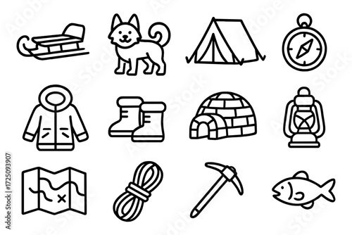 Linear icons of winter adventure gear and outdoor exploration equipment