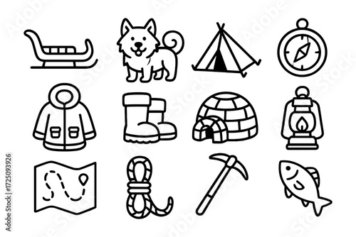 Winter adventure icons: arctic gear, activities, and exploration essentials