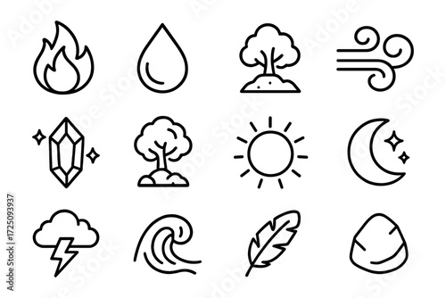 Minimalist nature icons featuring fire, water, earth, air, and weather elements