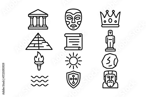 Ancient symbol set featuring icons of civilization, culture, royalty, and elements in minimalist linear style