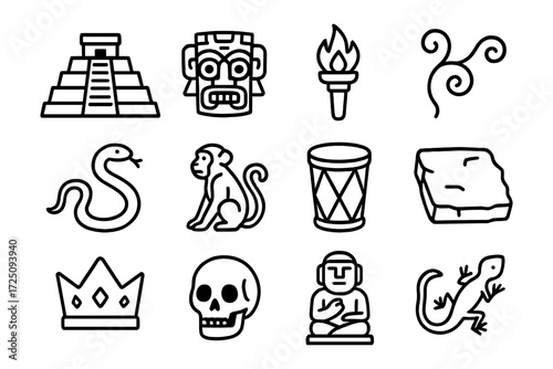 Ancient symbols set in linear style featuring indigenous culture icons