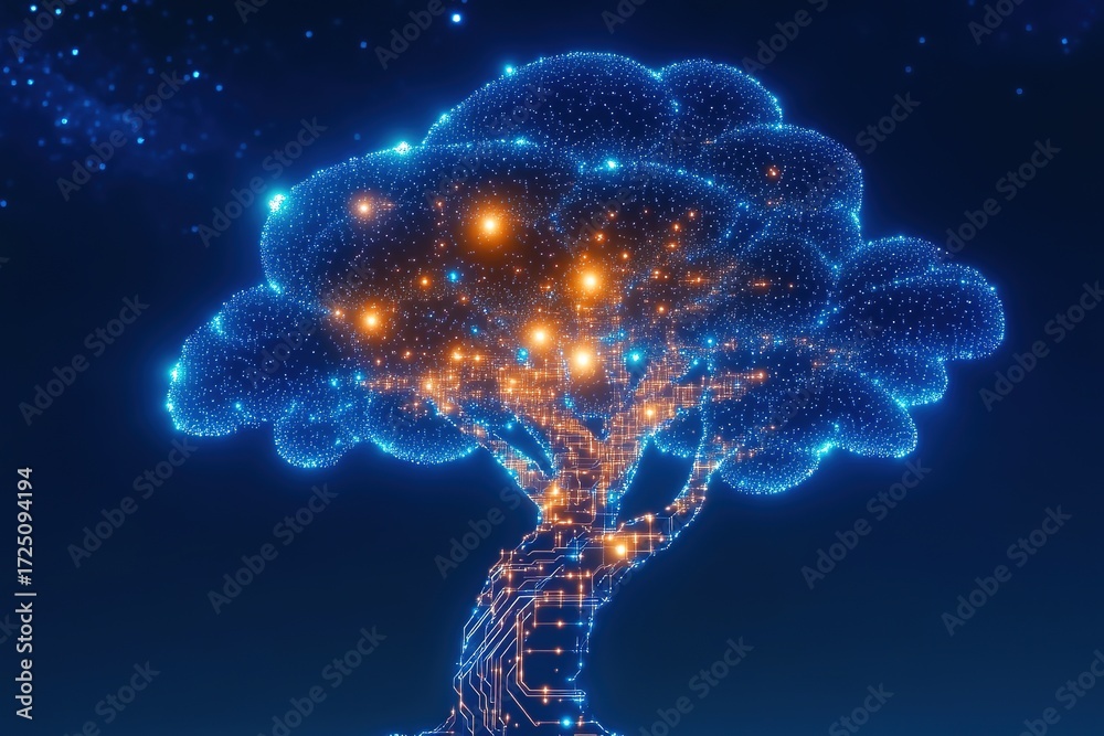 Obraz premium Digital tree made of glowing blue and orange circuit patterns with branches radiating like data streams against a cosmic background, symbolizing AI growth in tech evolution.