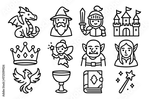 Fantasy icons set: magical creatures, characters, and objects in bold outline style
