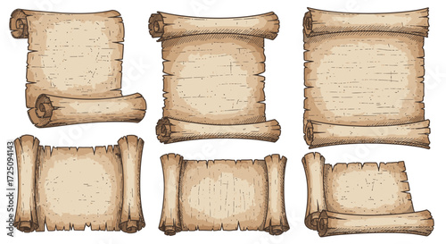 Vintage Scrolls Collection, Decorative Elements, Artistic Showcase, Illustrated Design, Rustic Atmosphere, Close-Up View, Creative Inspiration