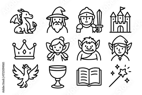 Fantasy icons set featuring knight, wizard, fairy, and more in bold linear style