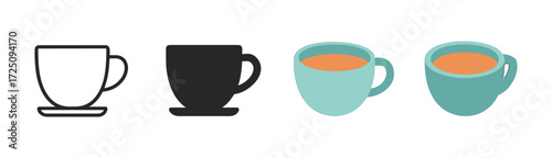 Coffee cup evolution: outline to colorful design in four styles