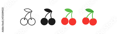 Minimalistic cherry icons in outline, solid, and colorful styles