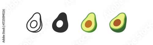 Four avocado styles: outline to 3d full color transformation