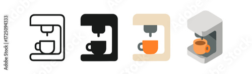 Modern coffee machines: silhouette, flat, and 3d styles for cafes and kitchens