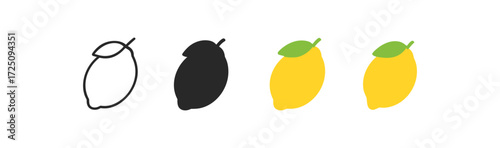 Lemon evolution: outline, silhouette, and colorful icon set on white background