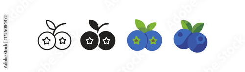 Flat and linear blueberry icons set with outline and filled styles