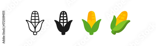 Corn icons set: outline, solid, flat, and colored designs for agricultural projects