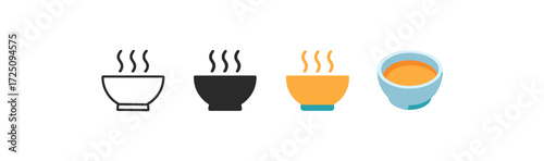 Colorful variations of steaming soup bowls in lineal, silhouette, flat, and 3d styles