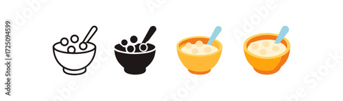 Cereal bowl icons in diverse styles: outline, solid, and colorful variants