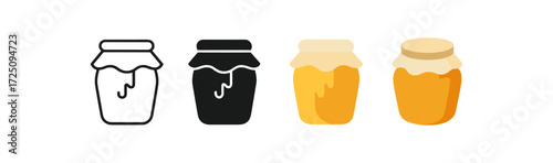 Minimalist line and flat style honey jar icon set in various styles