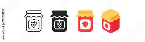 Stylized jam jar icons: outline, glyph, flat, and isometric variations