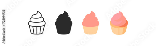 Diverse cupcake designs in outline, silhouette, and color styles on white background
