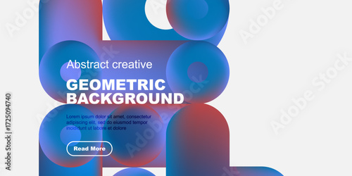 Abstract geometric shapes, vibrant colors, text overlay, modern design. Includes sample text, button for more information.