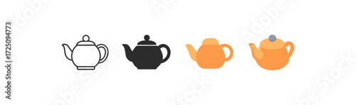 Set of teapot icons in various art styles: outline, silhouette, flat, and gradient