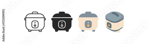 Minimalist rice cooker icons: classic, silhouette, flat, isometric styles