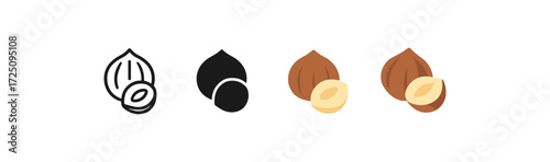 Nut icons in minimalist, silhouette, and flat styles for design projects