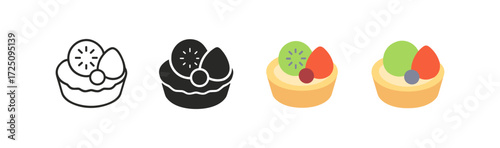 Fruit tart icons in various styles: outline, solid, flat, colorful variations