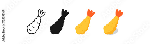 Ebi tempura icons in outline, silhouette, flat, and 3d styles