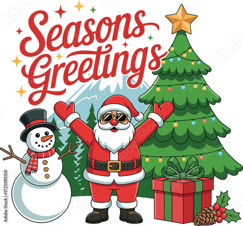Joyful Santa Claus with snowman and decorated Christmas tree spreading holiday cheer