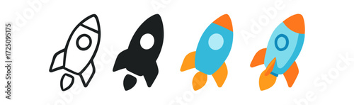 Simple and colorful rocket icons in different graphic styles