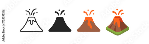 Volcano eruption icons: monochrome, silhouette, flat, and isometric styles