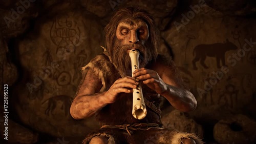 Neanderthal individual, dressed in animal fur, playing a primitive bone flute while sitting beside a warming fire, with ancient cave paintings visible on the stone wall