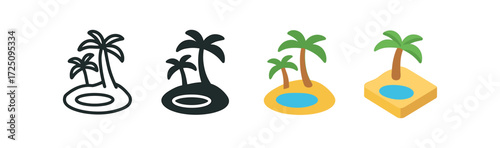 Palm island icons in line, silhouette, flat, and isometric styles