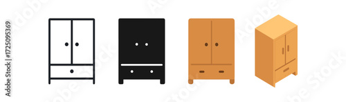 Minimalist wardrobe designs: linear, silhouette, flat, isometric styles