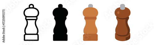 Diverse pepper mill styles: outline, silhouette, flat, and shaded designs