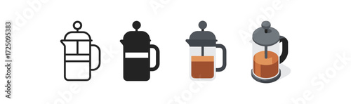 French press coffee icon set in multiple styles including flat and silhouette
