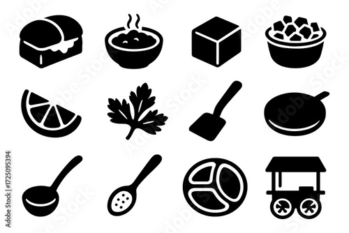 Silhouette icons of bread, soup, spices, and kitchen items for culinary themes