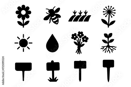 Silhouette icons of gardening elements: flowers, plants, bees, and tools