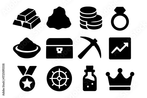 Silhouette icons of mining and treasure: gold, gems, and adventure symbols