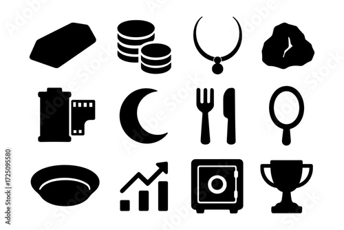 Minimalist icon set featuring coins, jewelry, moon, and more in solid black style