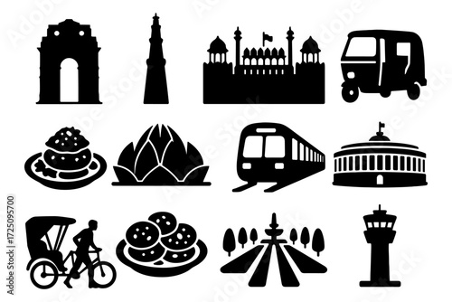 Silhouettes of iconic delhi landmarks and street scenes