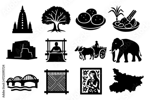 Bihar silhouettes depicting culture, landmarks, and traditions