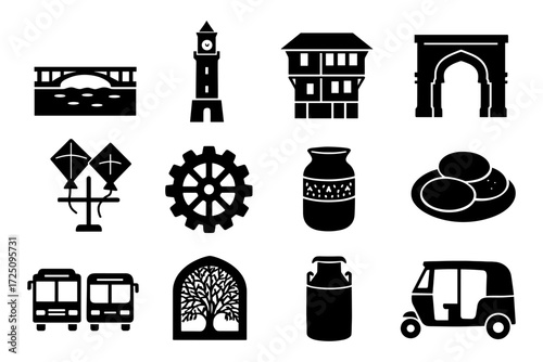 Icon set of indian heritage and culture elements in black silhouette style