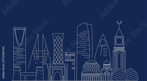 Minimalist stroke line design of Riyadh city skyline, featuring modern architecture and cultural landmarks in a clean, vector illustration style.