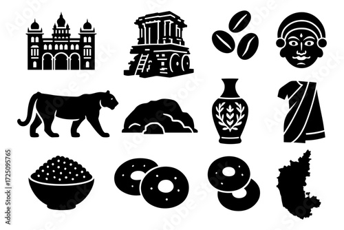 Karnataka heritage icons: landmarks, cuisine, and culture in bold silhouette art