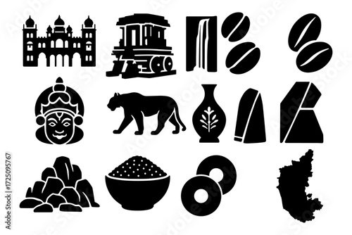 South indian cultural icons in bold silhouette style featuring famous landmarks and traditional symbols
