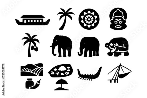 Traditional kerala icons: boat, palm trees, and elephants in silhouette style