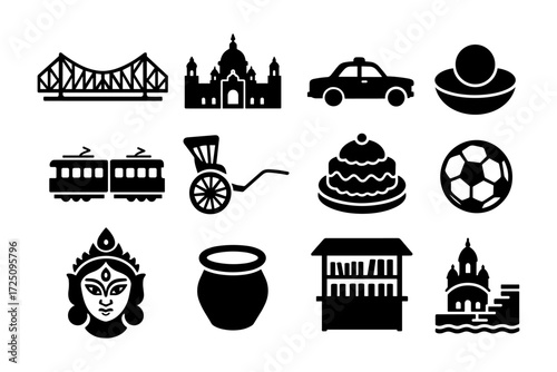 Icon set of kolkata landmarks and culture in bold silhouette style